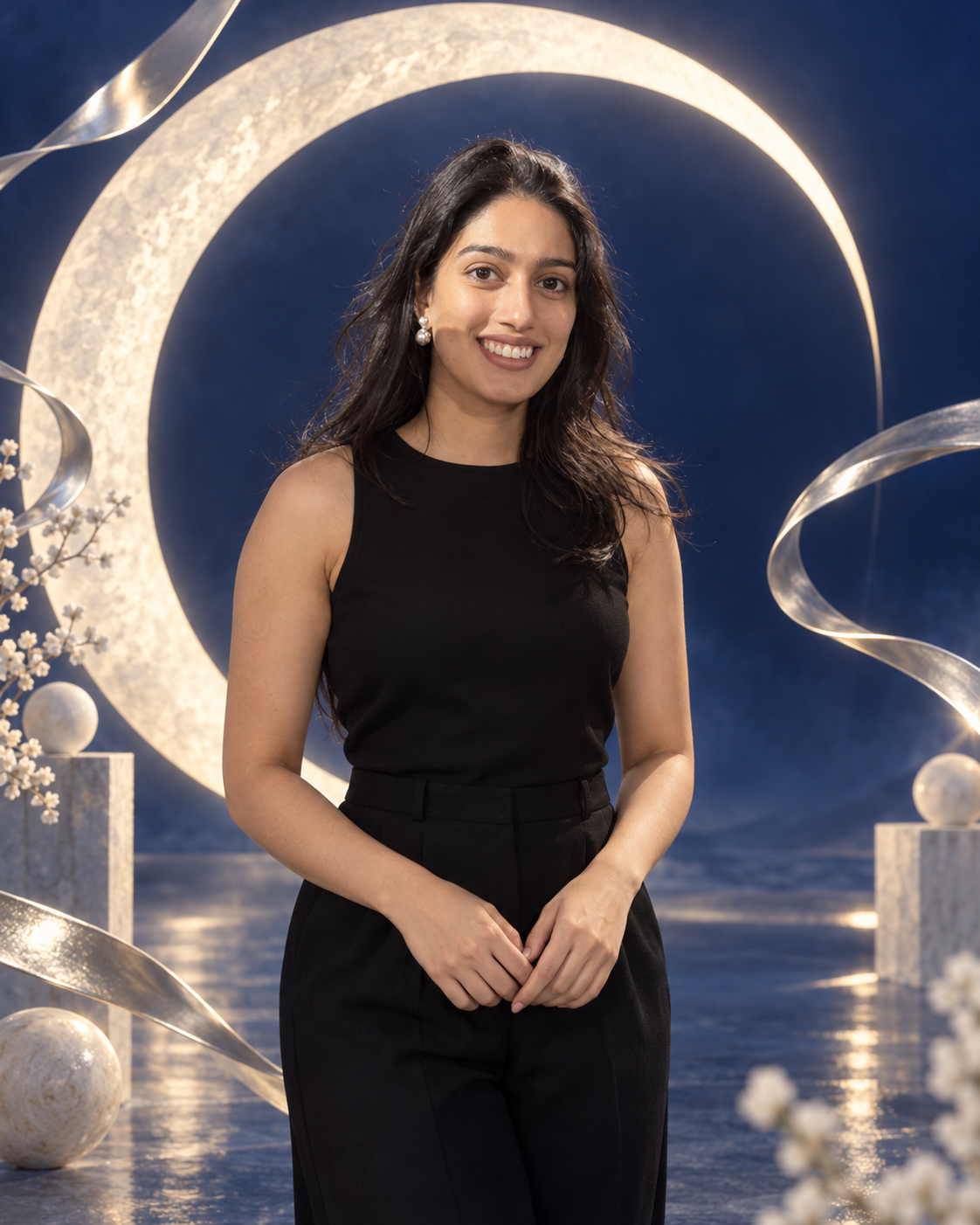 Divya M beneath a luminous crescent, surrounded by silver ribbons in a blue dreamscape