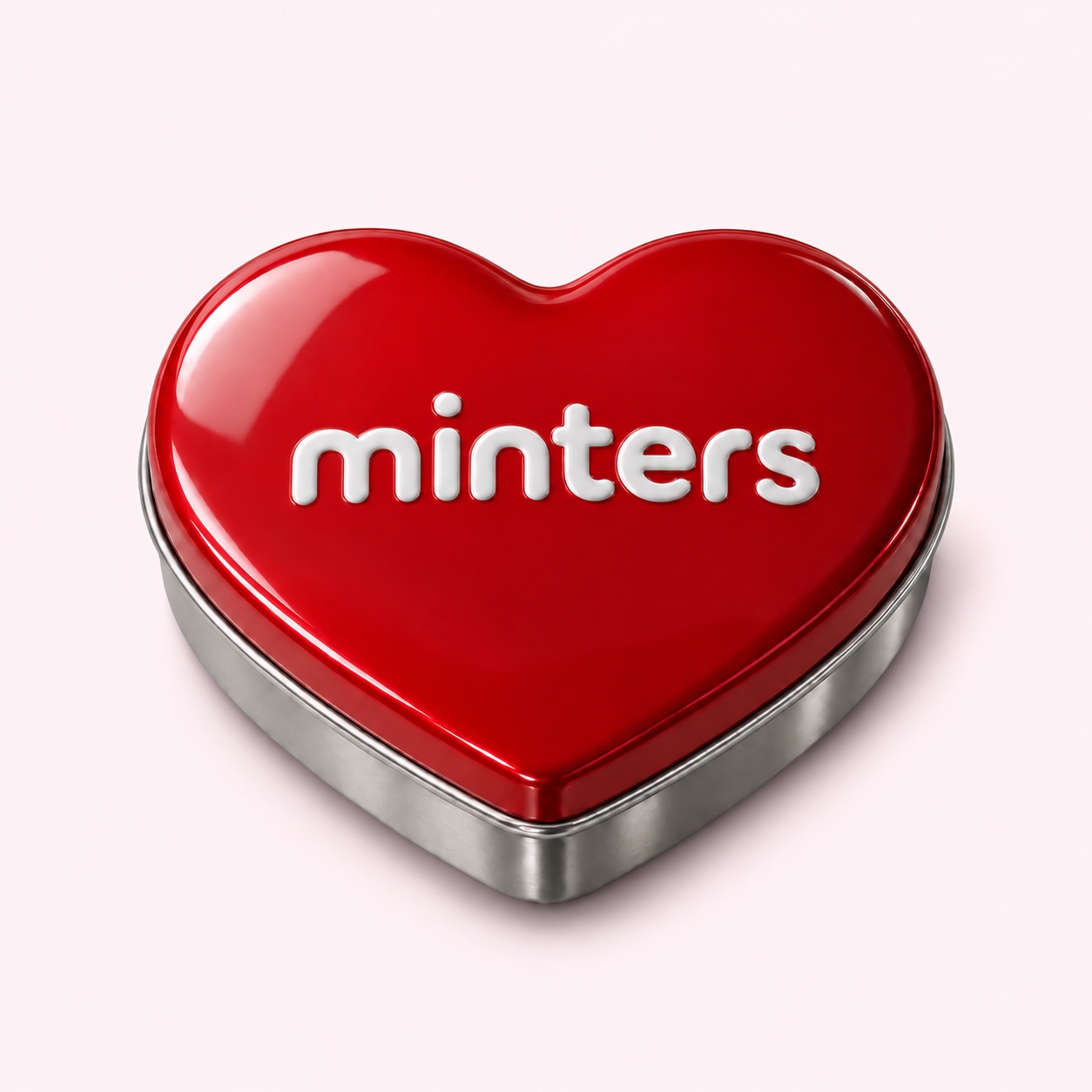 Realistic cherry-red heart-shaped Minters metal box with polished silver edges