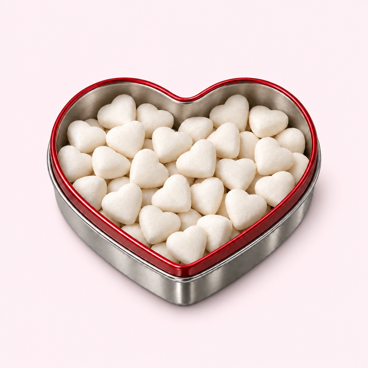 Open heart-shaped Minters box filled with tiny smooth ivory heart mints