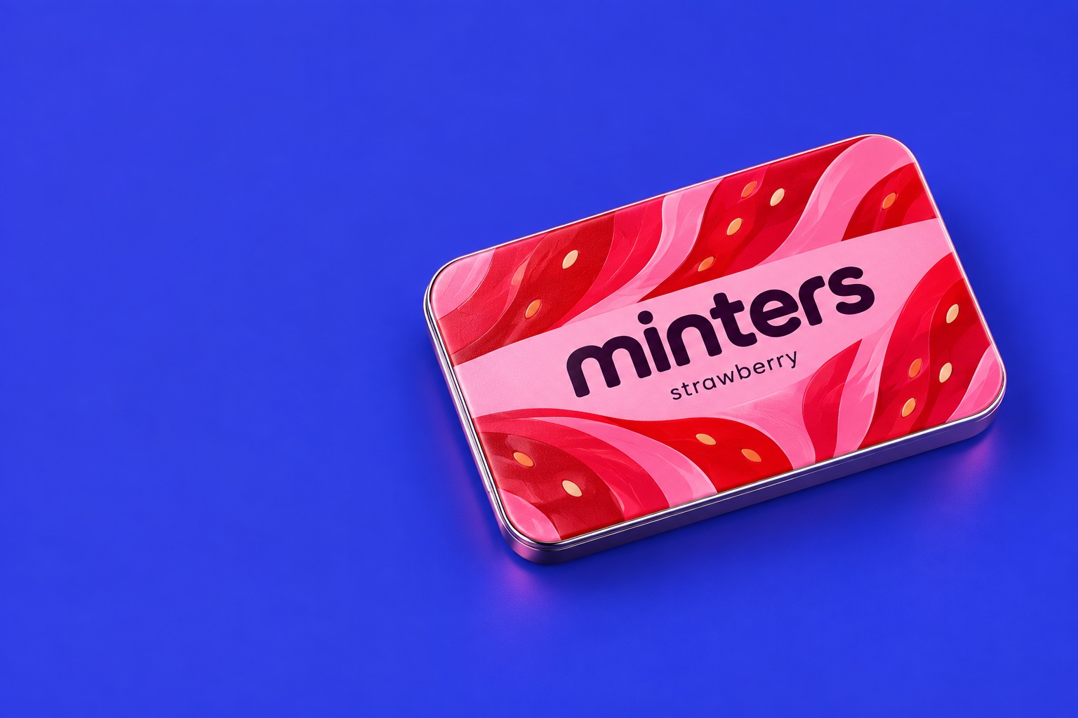 Sleek strawberry Minters Slide Tin with flowing pink artwork and a fine polished metal edge