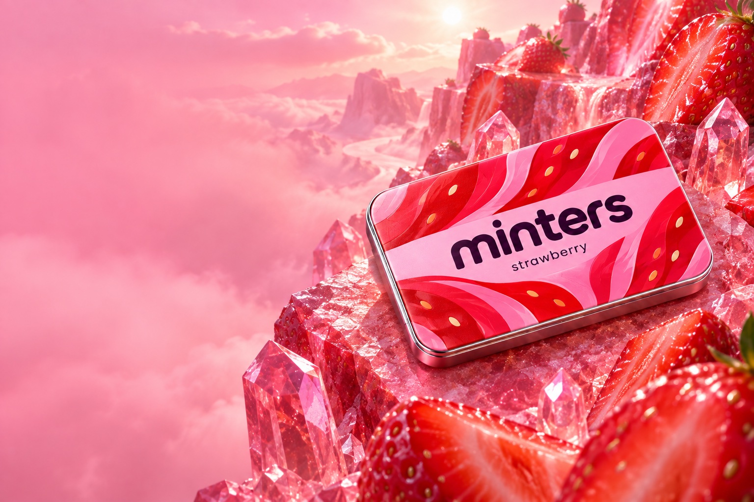 Strawberry Slide Tin in a surreal strawberry flavor landscape
